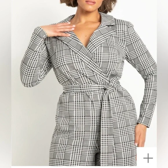 Wide Leg Plaid Jumpsuit with Lapel - Size 24 - Picture 4 of 5